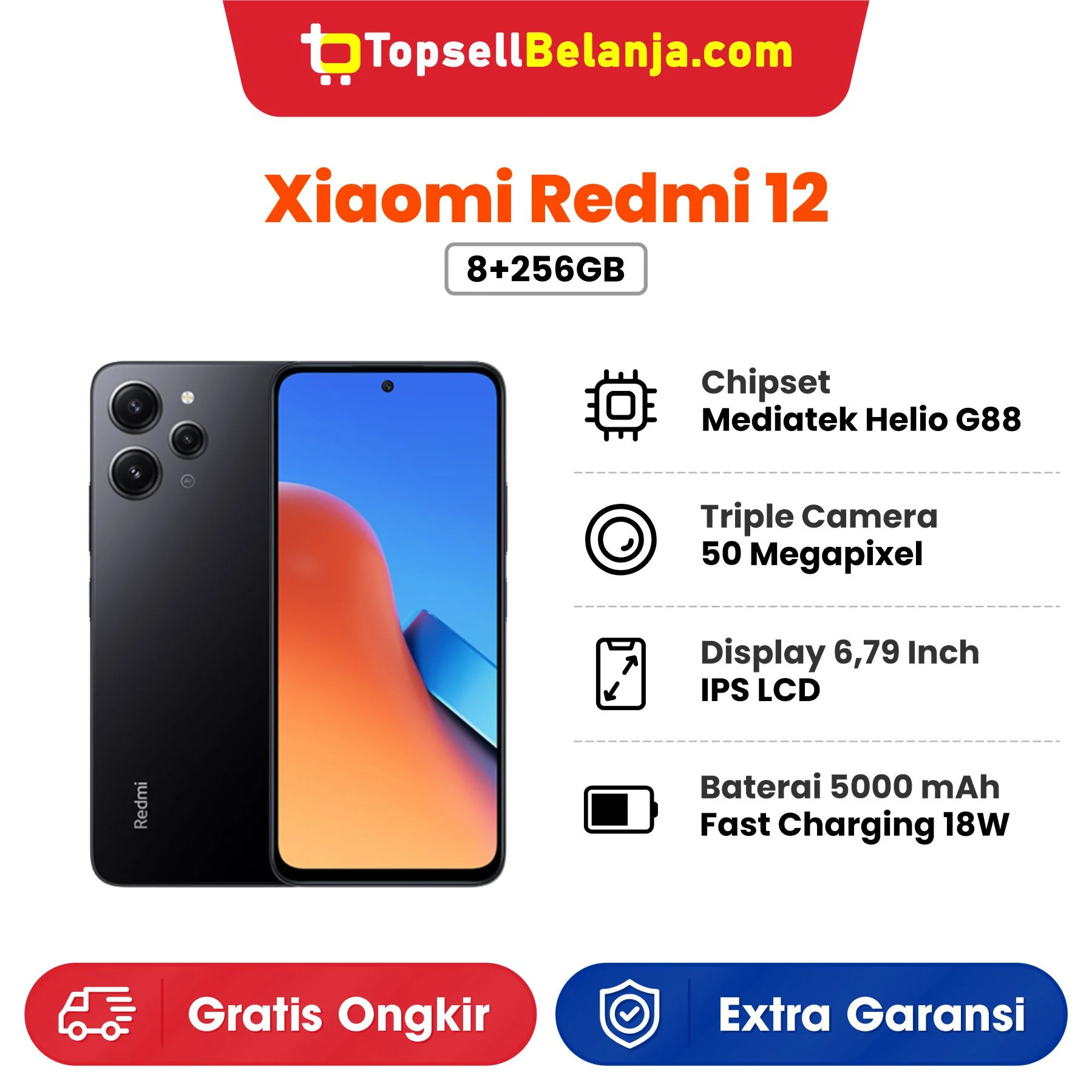 Xiaomi Redmi 12 8+256GB Garansi Resmi - TOPSELL