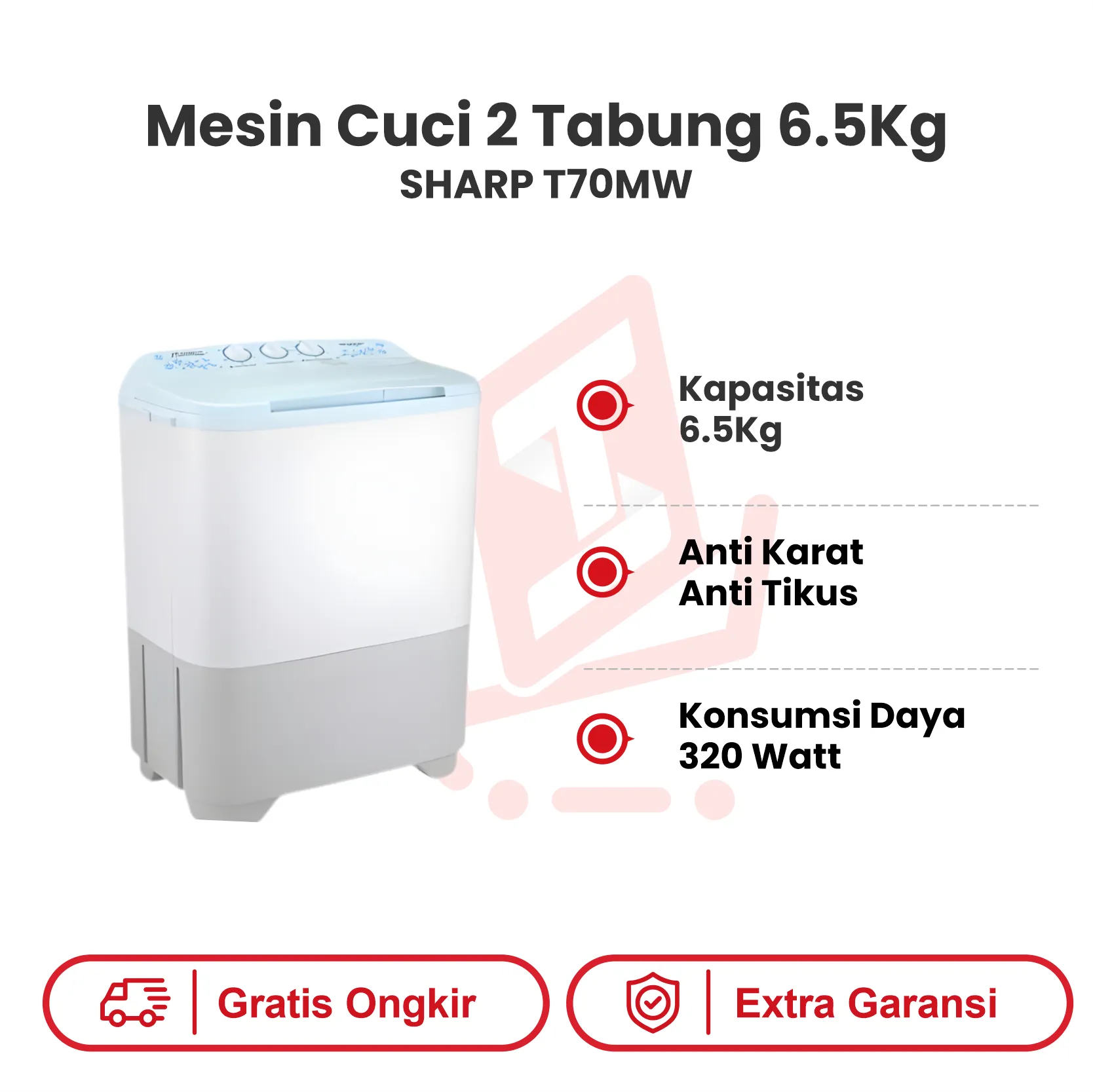 MESIN CUCI 2TABUNG 6.5KG SHARP TT70MW