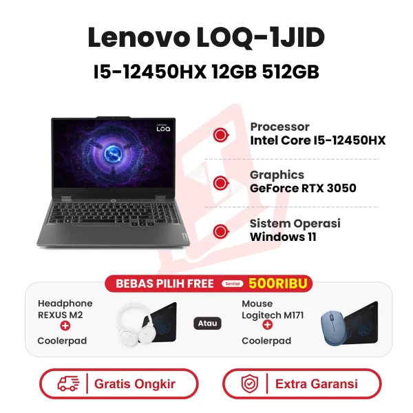 Laptop Lenovo LOQ-1JID I5-12450HX 12GB 512GB RTX3050 WIN11